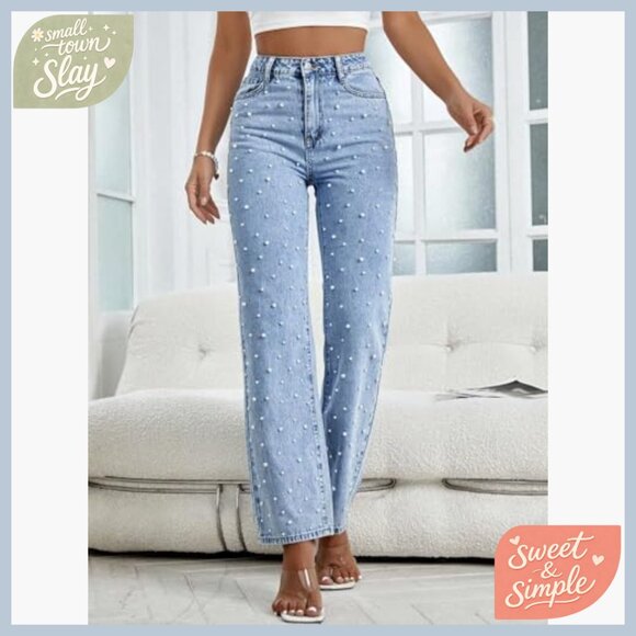 High Waisted Wide Leg Jeans Pearls Beaded Casual Denim Pants Regular Fit - Picture 4 of 7